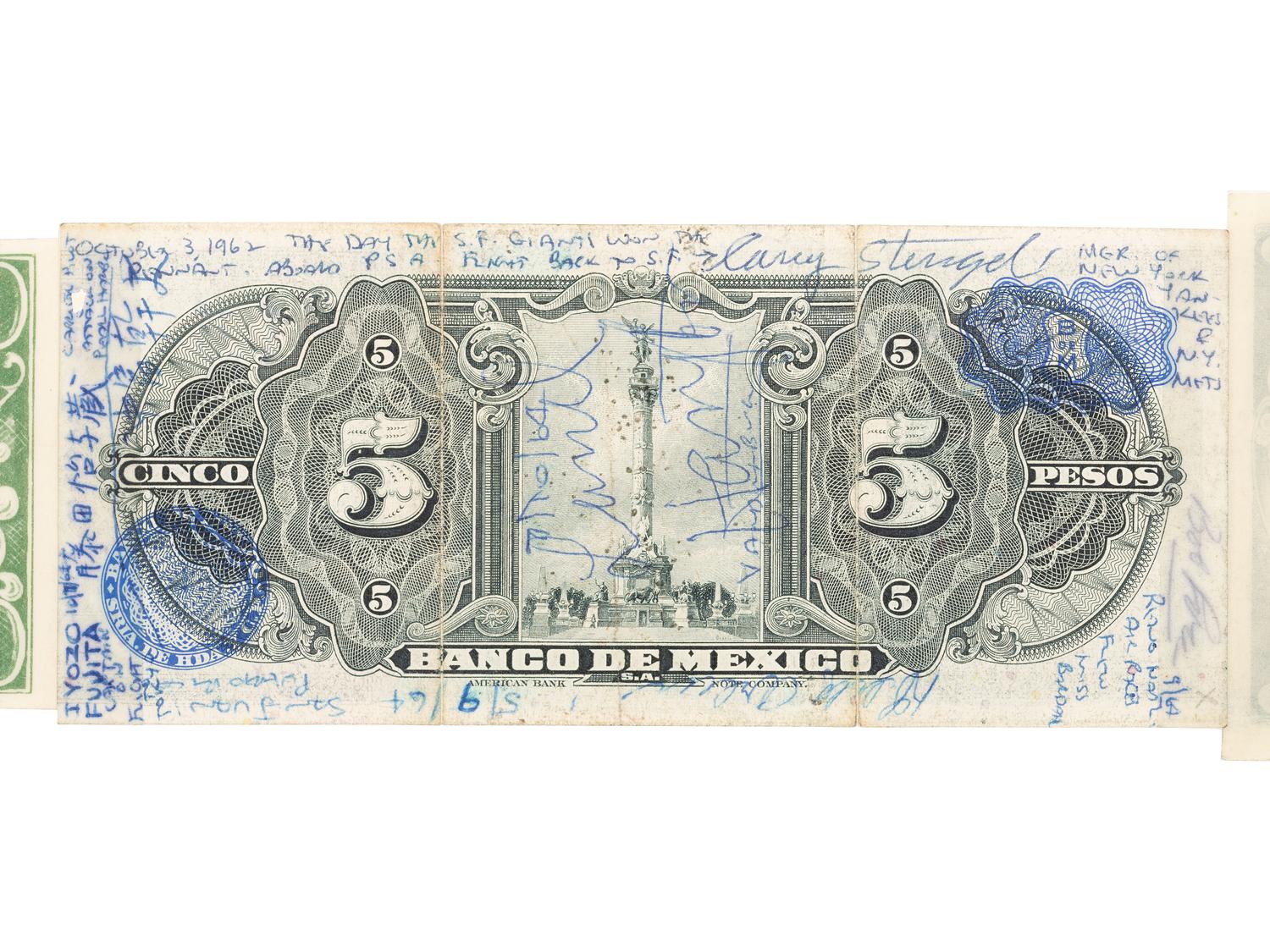 [WORLD WAR II]. Short snorter identified to Rear Admiral Edwin Mark Wilson, Jr. USN, containing autographs of Genl. Douglas MACARTHUR, Eddie RICKENBACKER, Willie MAYS, Herbert HOOVER, Richard NIXON, and more. Ca 1945-1977.