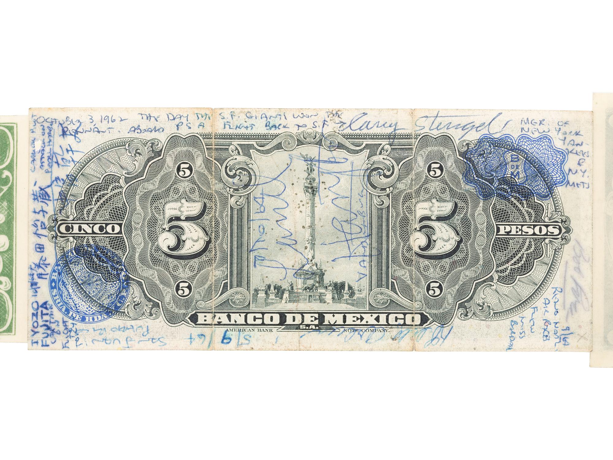 [WORLD WAR II]. Short snorter identified to Rear Admiral Edwin Mark Wilson, Jr. USN, containing autographs of Genl. Douglas MACARTHUR, Eddie RICKENBACKER, Willie MAYS, Herbert HOOVER, Richard NIXON, and more. Ca 1945-1977.