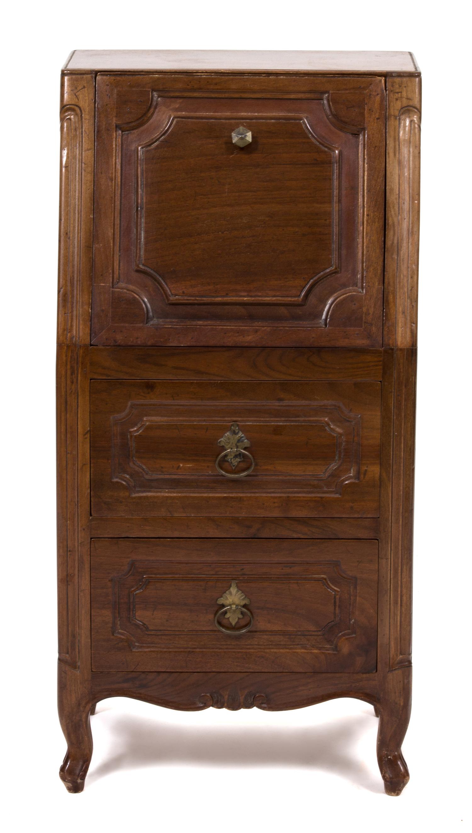 A French Provincial Style Walnut Side Cabinet Height 28 1/4 x width 13 3/4 x depth 10 inches.