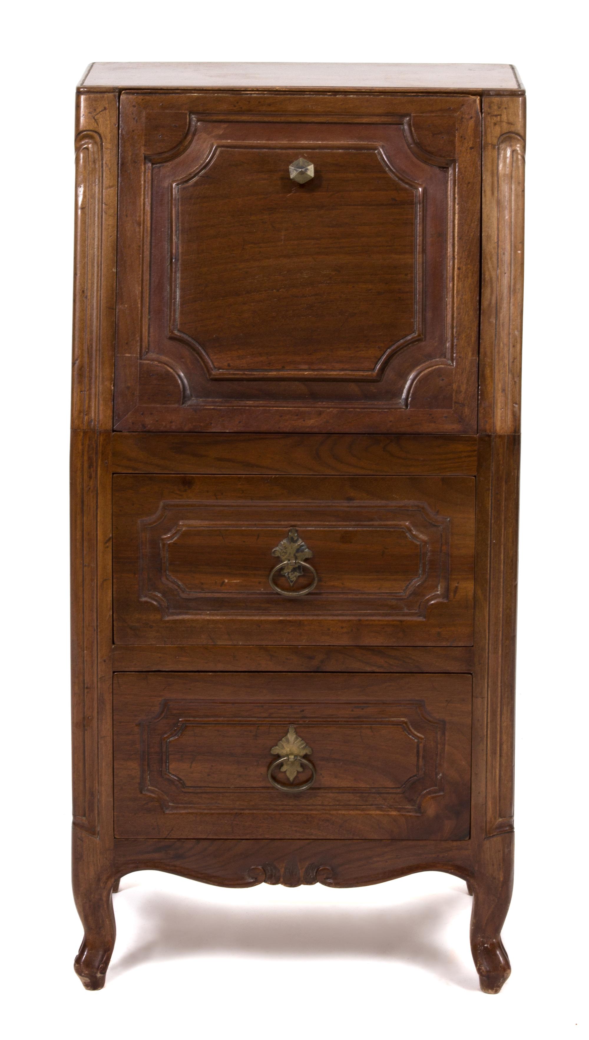 A French Provincial Style Walnut Side Cabinet Height 28 1/4 x width 13 3/4 x depth 10 inches.