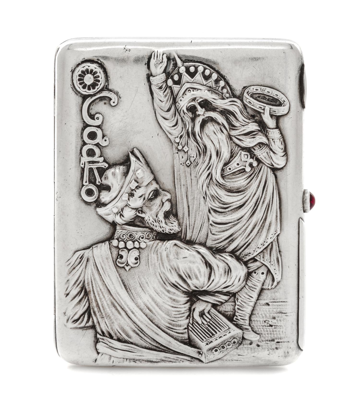 A Russian Silver Cigarette Case, Maker's mark Cyrillic GR, Moscow, early 20th century, the lid depicting the story of Sadko playing an