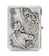 A Russian Silver Cigarette Case, Maker's mark Cyrillic GR, Moscow, early 20th century, the lid depicting the story of Sadko playing an