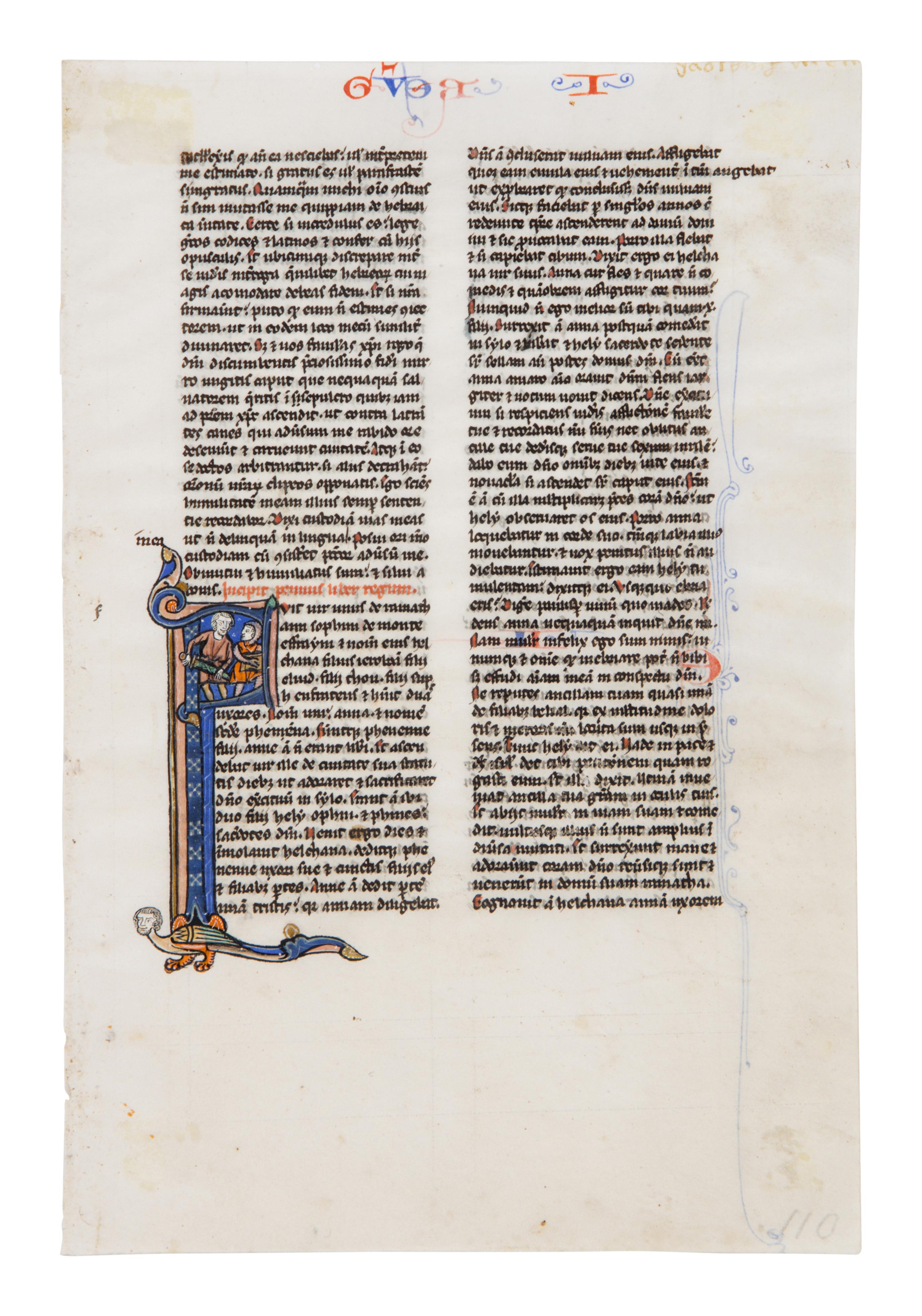 JOHANNES GRUSCH ATELIER (active Paris c. 1230s–1270s) Single leaf with historiated Initial ‘F’ with The Killing of the Sons of Heli from a Bible , in Latin, illuminated manuscript on parchment [France, Paris, c. 1250]