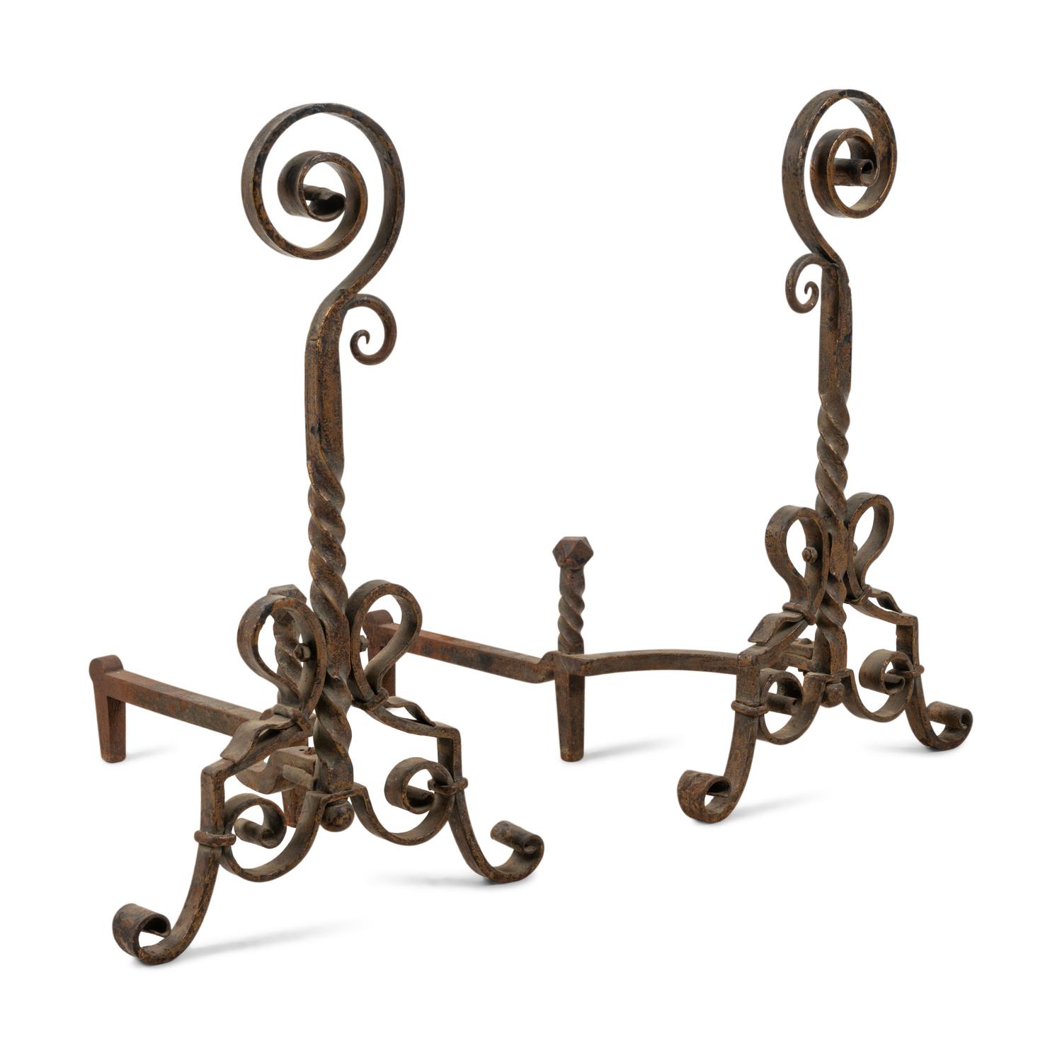A Pair of Continental Wrought Iron Andirons
