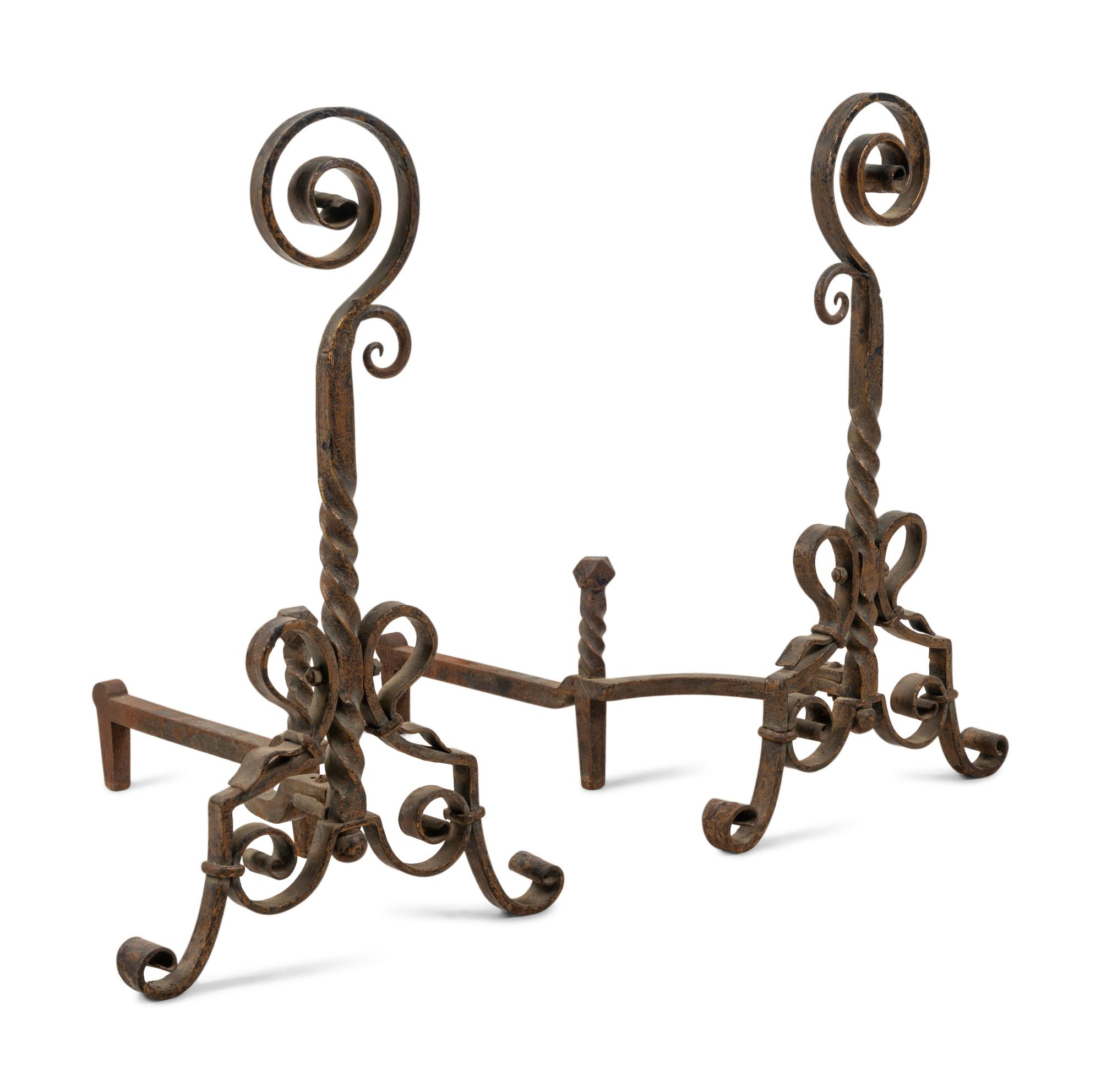 A Pair of Continental Wrought Iron Andirons