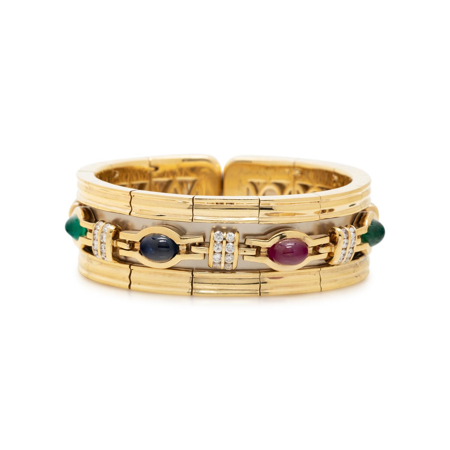 BICOLOR GOLD, MULTIGEM AND DIAMOND CUFF BRACELET