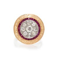YELLOW GOLD, DIAMOND, AND SYNTHETIC RUBY RING