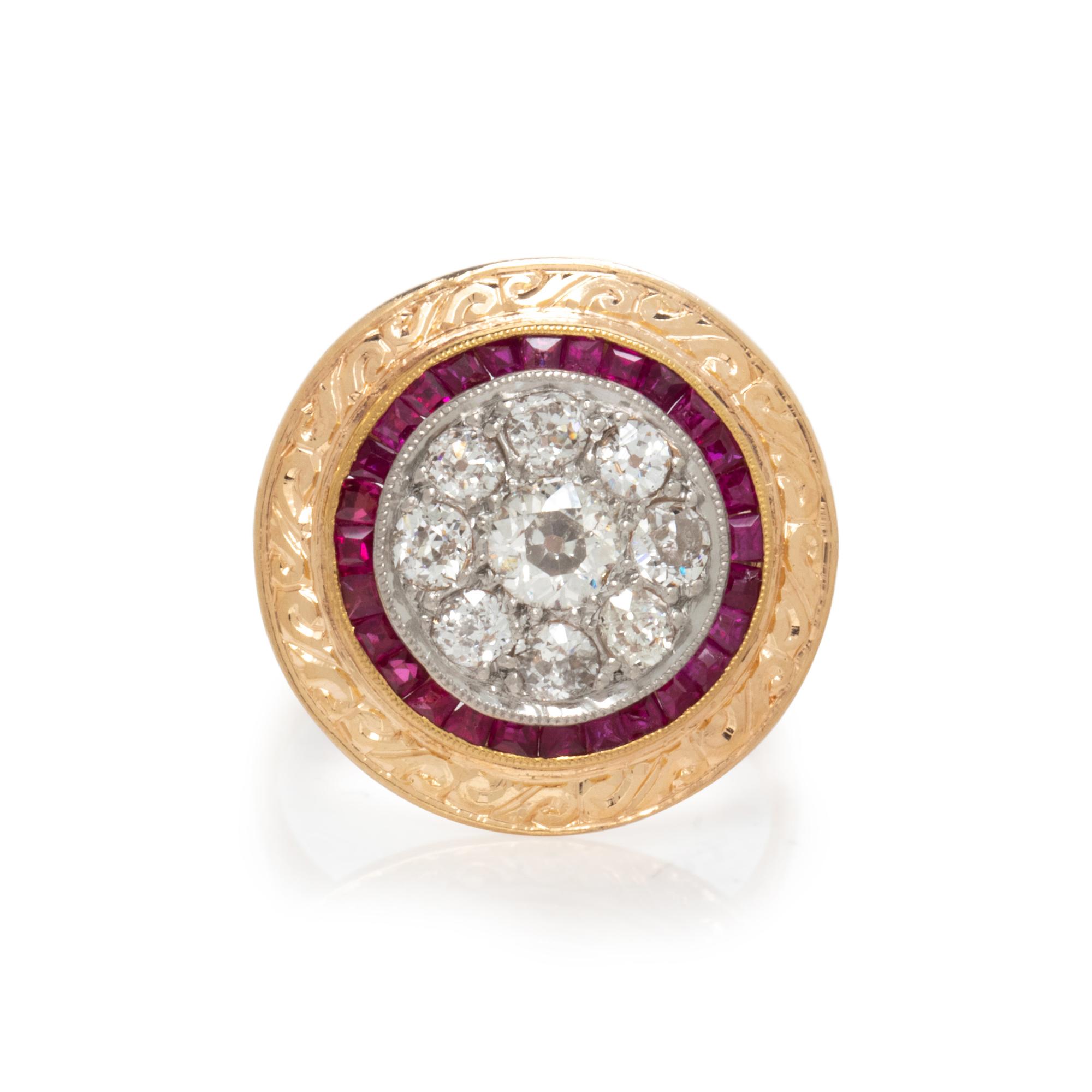 YELLOW GOLD, DIAMOND, AND SYNTHETIC RUBY RING