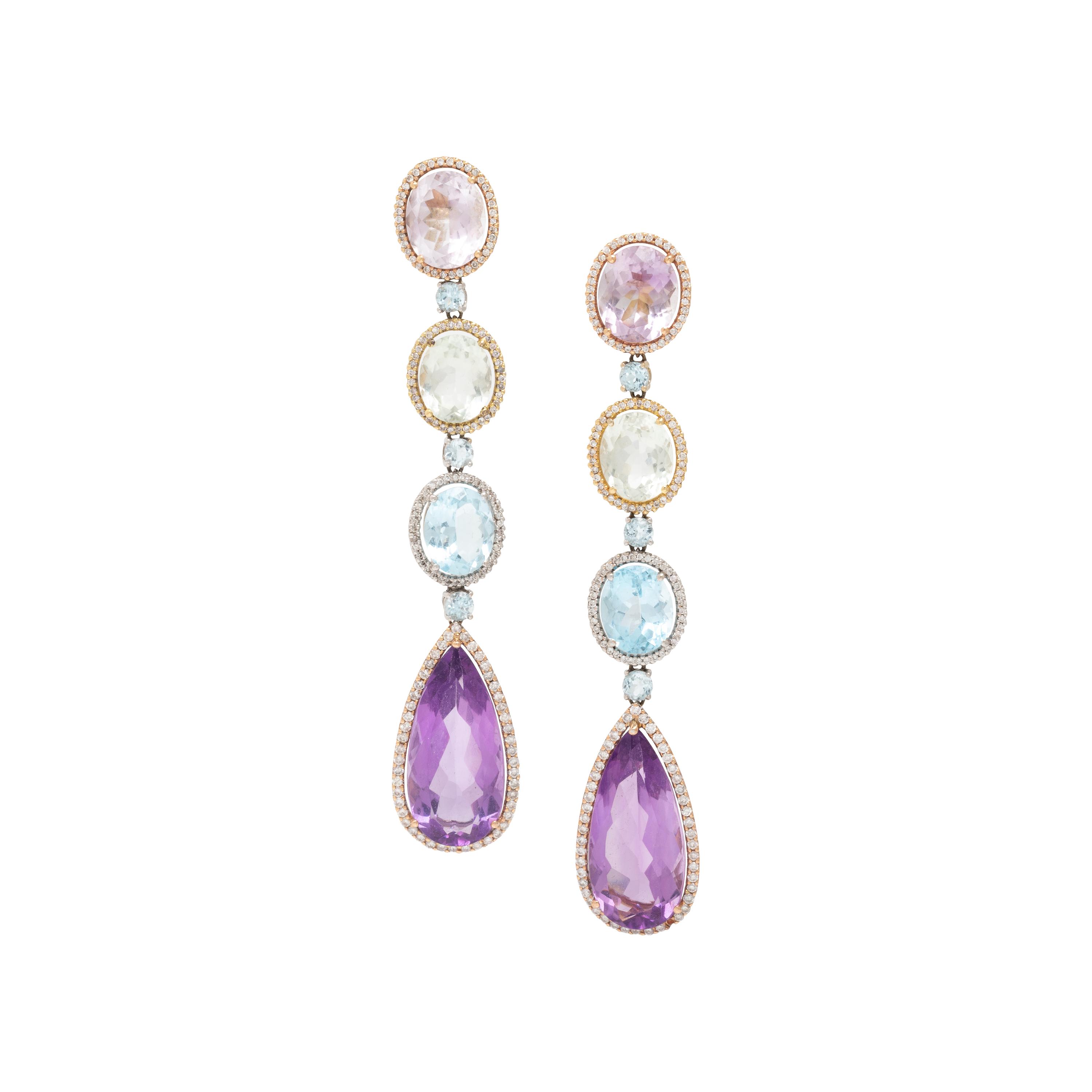 Multigem, Diamond, and Tricolor Gold Pendant Earrings