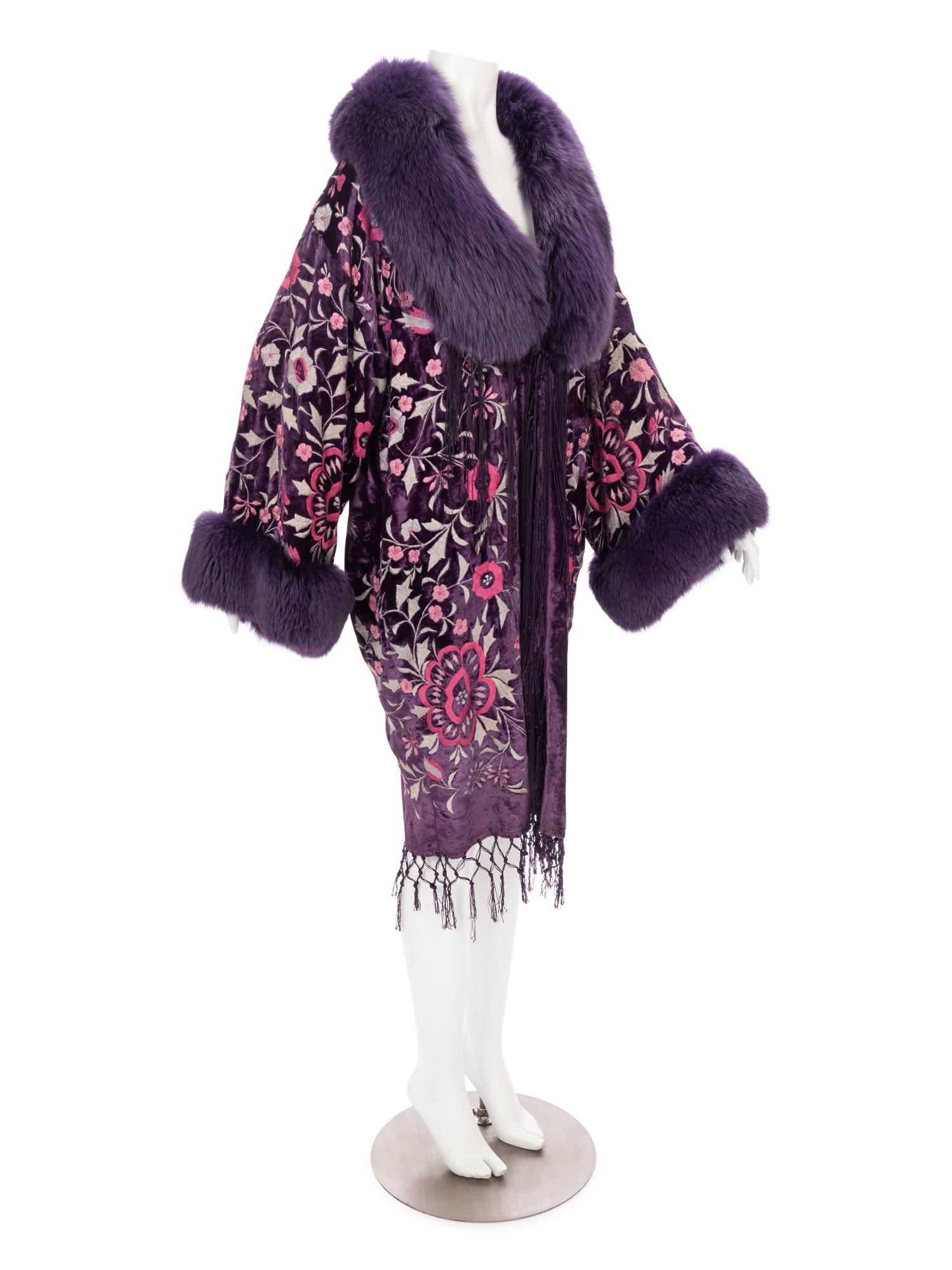 Purple Velvet Coat with Embroidery and Fur Trim