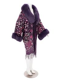 Purple Velvet Coat with Embroidery and Fur Trim