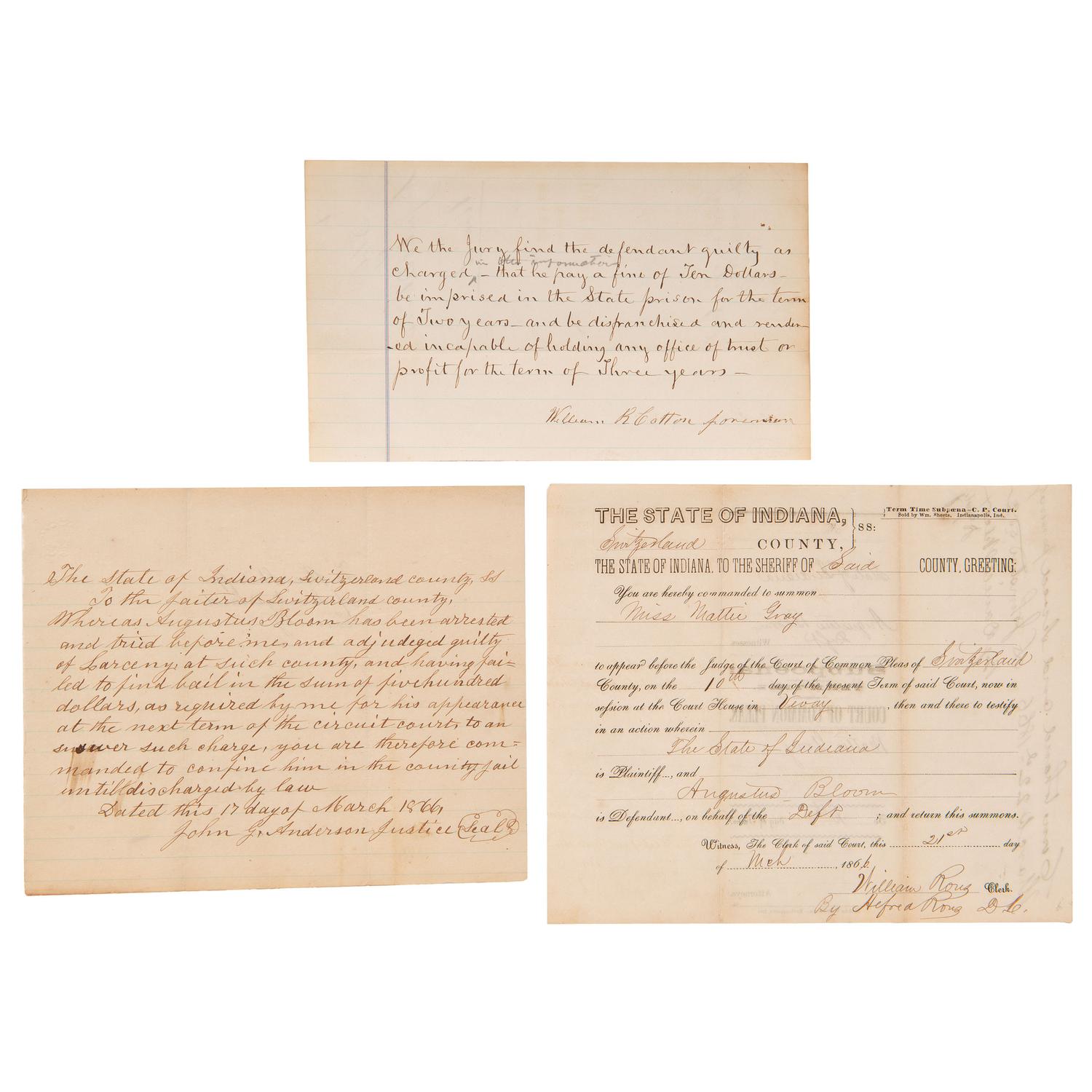 [GENERAL AMERICANA]. A group of 21 legal documents from Connecticut, Indiana, Pennsylvania, Virginia, and Oregon, ca late 18th to 19th century, including:
