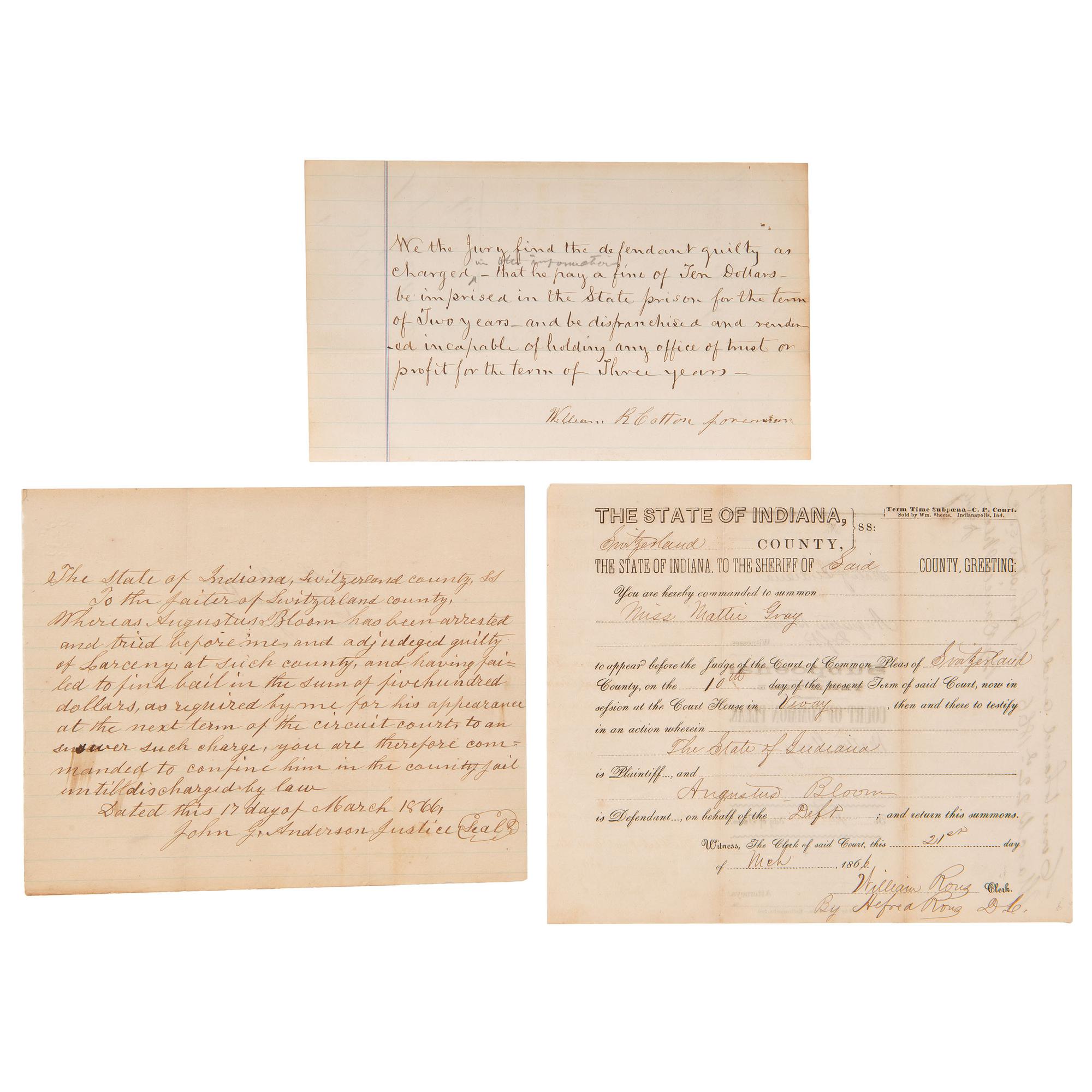 [GENERAL AMERICANA]. A group of 21 legal documents from Connecticut, Indiana, Pennsylvania, Virginia, and Oregon, ca late 18th to 19th century, including: