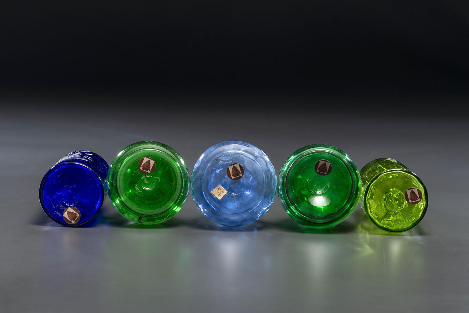 Five Green and Cobalt 'Mary Gregory' Glass Barber Bottles