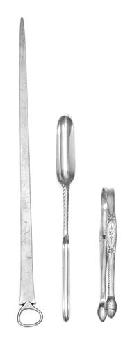 Three George III Silver Serving Articles, Hester Bateman, London, 1790 and later, comprising a roasting spit, a marrow scoop and a pair
