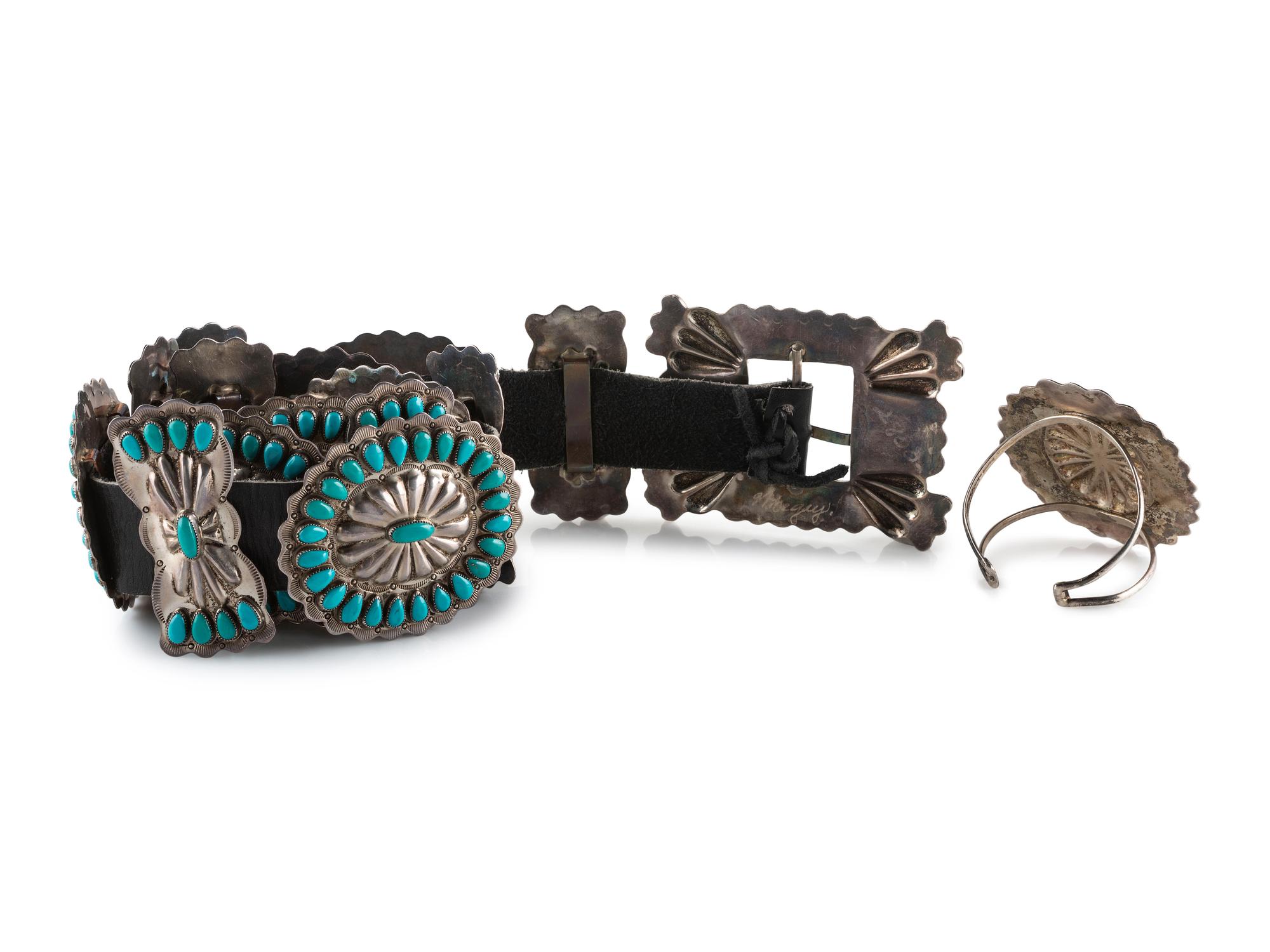 Navajo Silver and Turquoise Cluster Concha Belt AND Cuff Bracelet