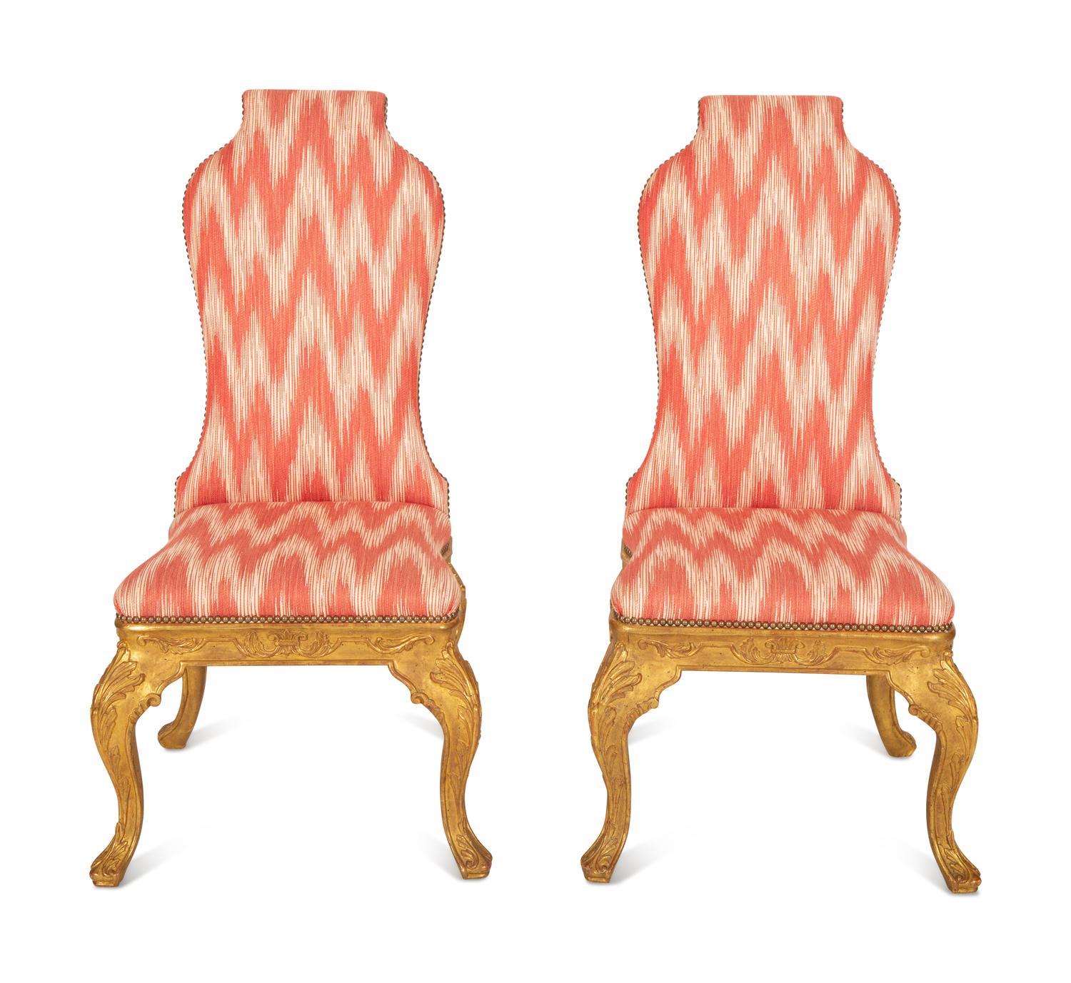 A Pair of Queen Anne Style Carved Giltwood Side Chairs