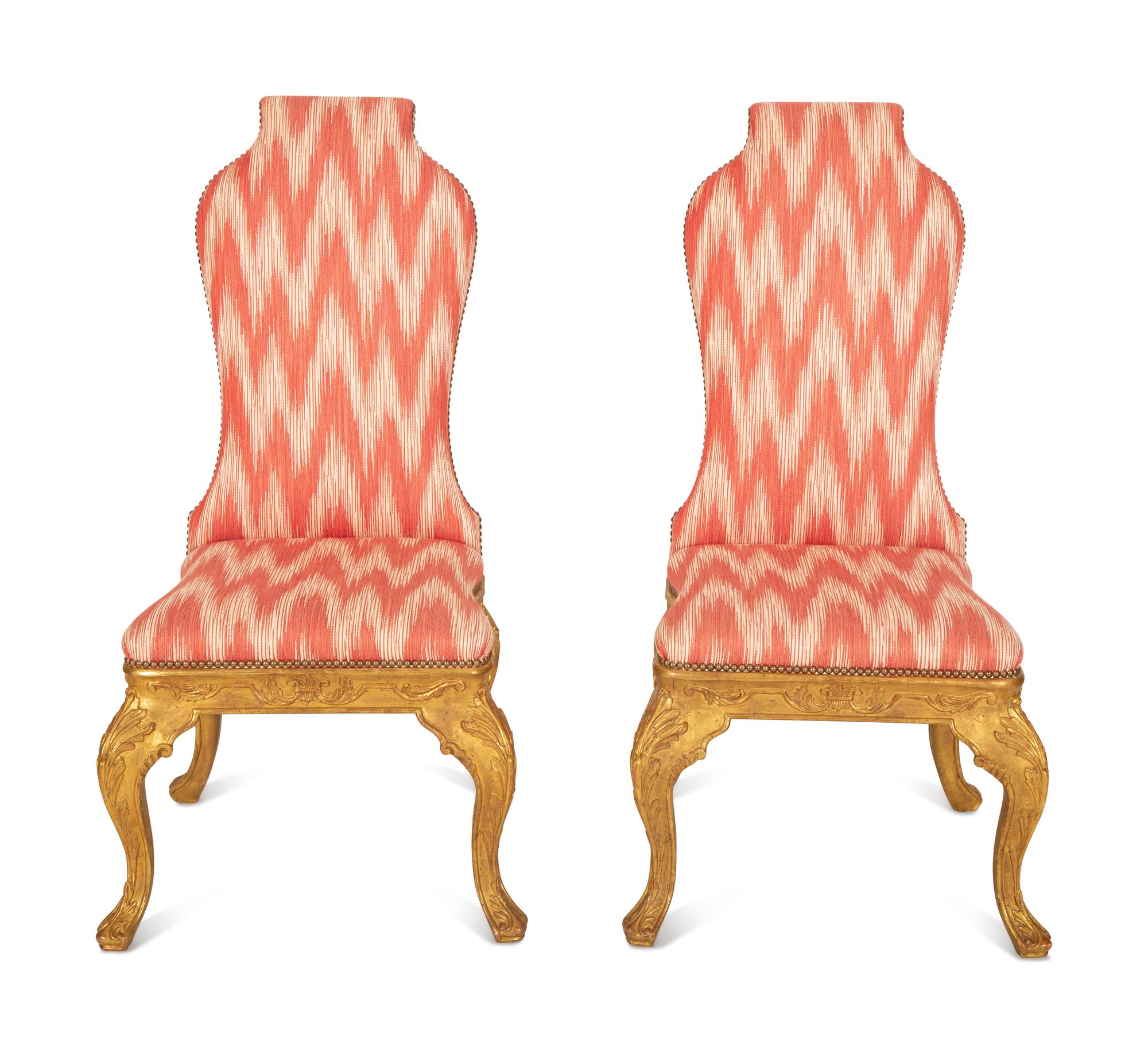 A Pair of Queen Anne Style Carved Giltwood Side Chairs