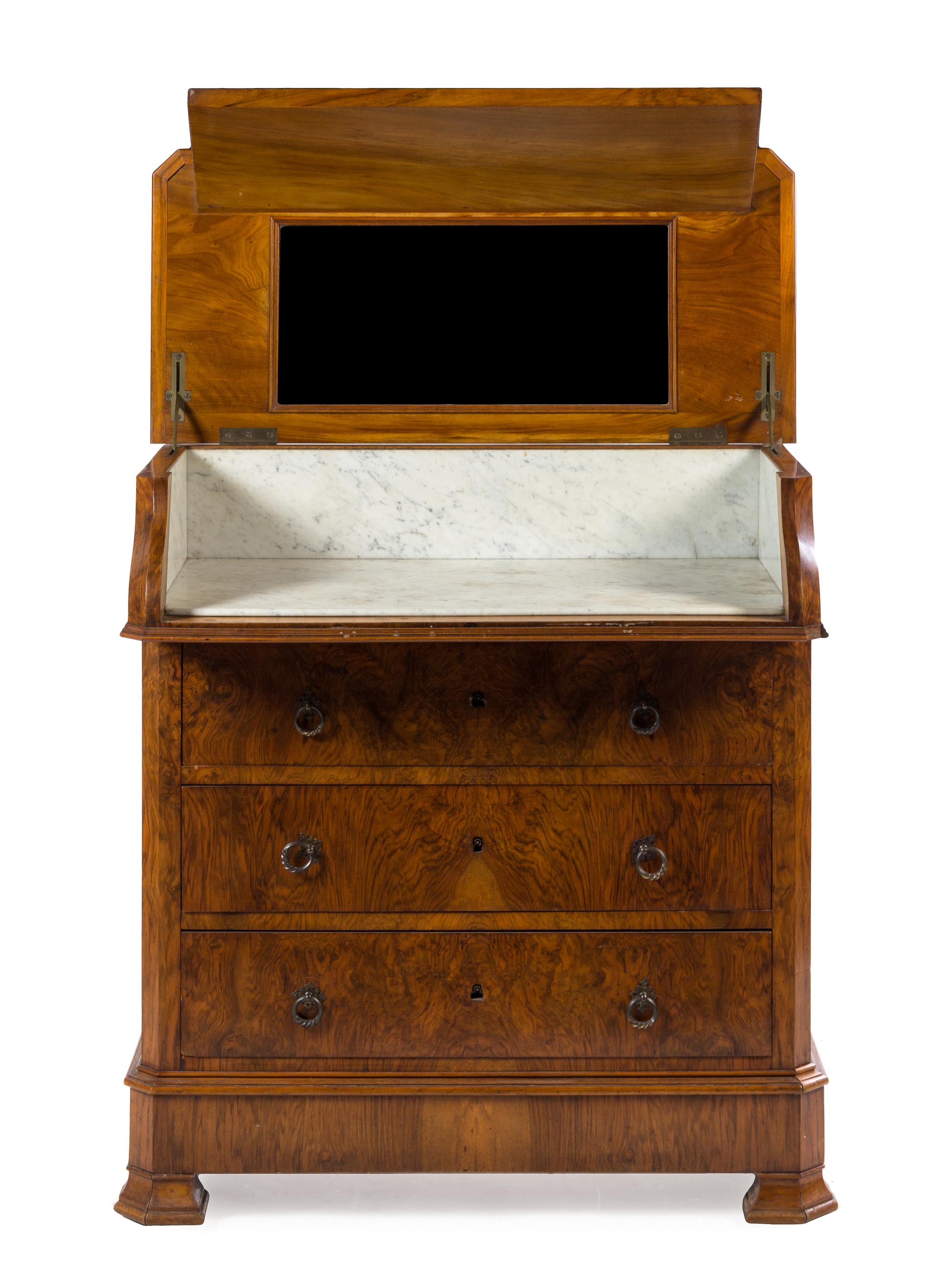 A Biedermeier Style Burl Walnut Wash Stand Height 39 x width 34 /2 x depth 20 inches (closed). — LATE 19TH CENTURY