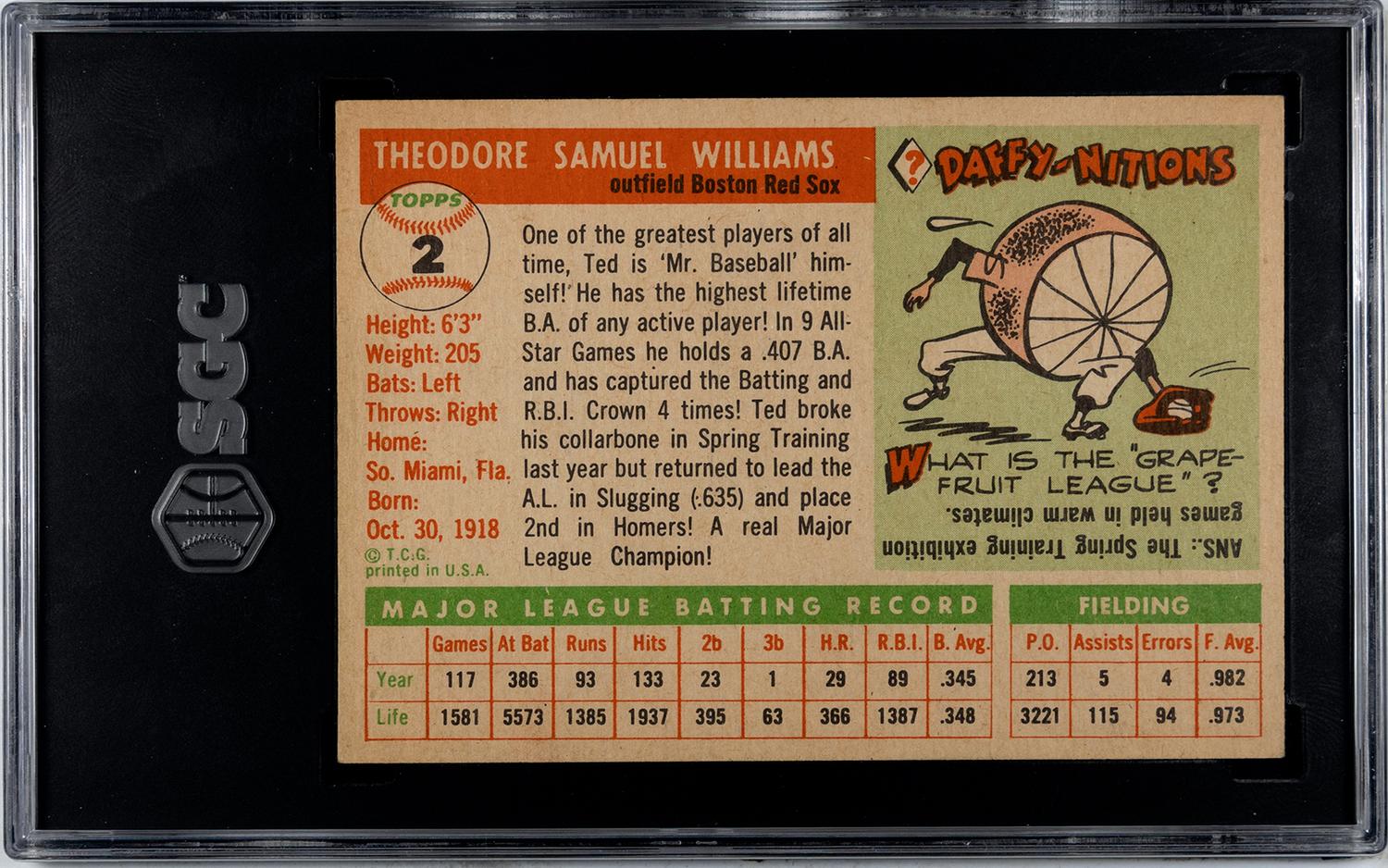 A 1955 Topps Ted Williams Baseball Card No. 2 (SGC 4.5 VG/EX+)