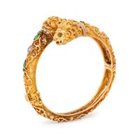 YELLOW GOLD, EMERALD AND DIAMOND LION BANGLE BRACELET