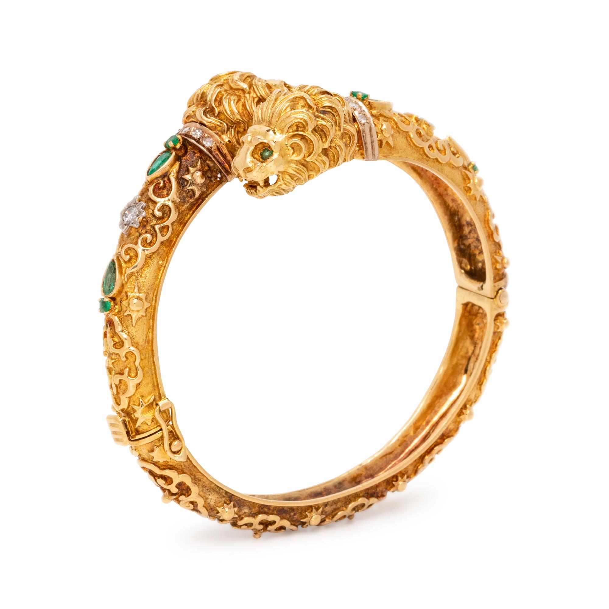 YELLOW GOLD, EMERALD AND DIAMOND LION BANGLE BRACELET