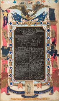 [CIVIL WAR]. Group of artifacts related to Alexander White, 82nd Pennsylvania Volunteer Infantry, including escutcheon, CDV portrait, and flag remnants.