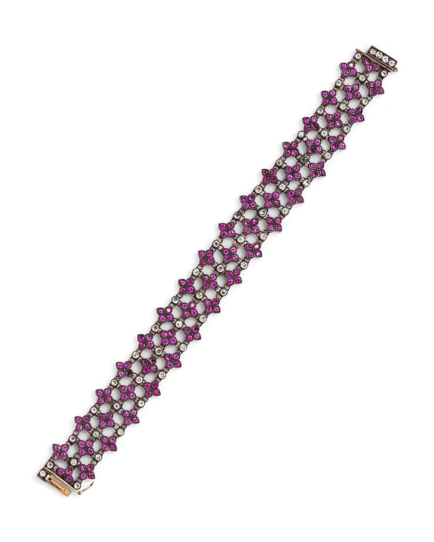 A Silver Topped Yellow Gold, Pink Sapphire and Diamond Bracelet,