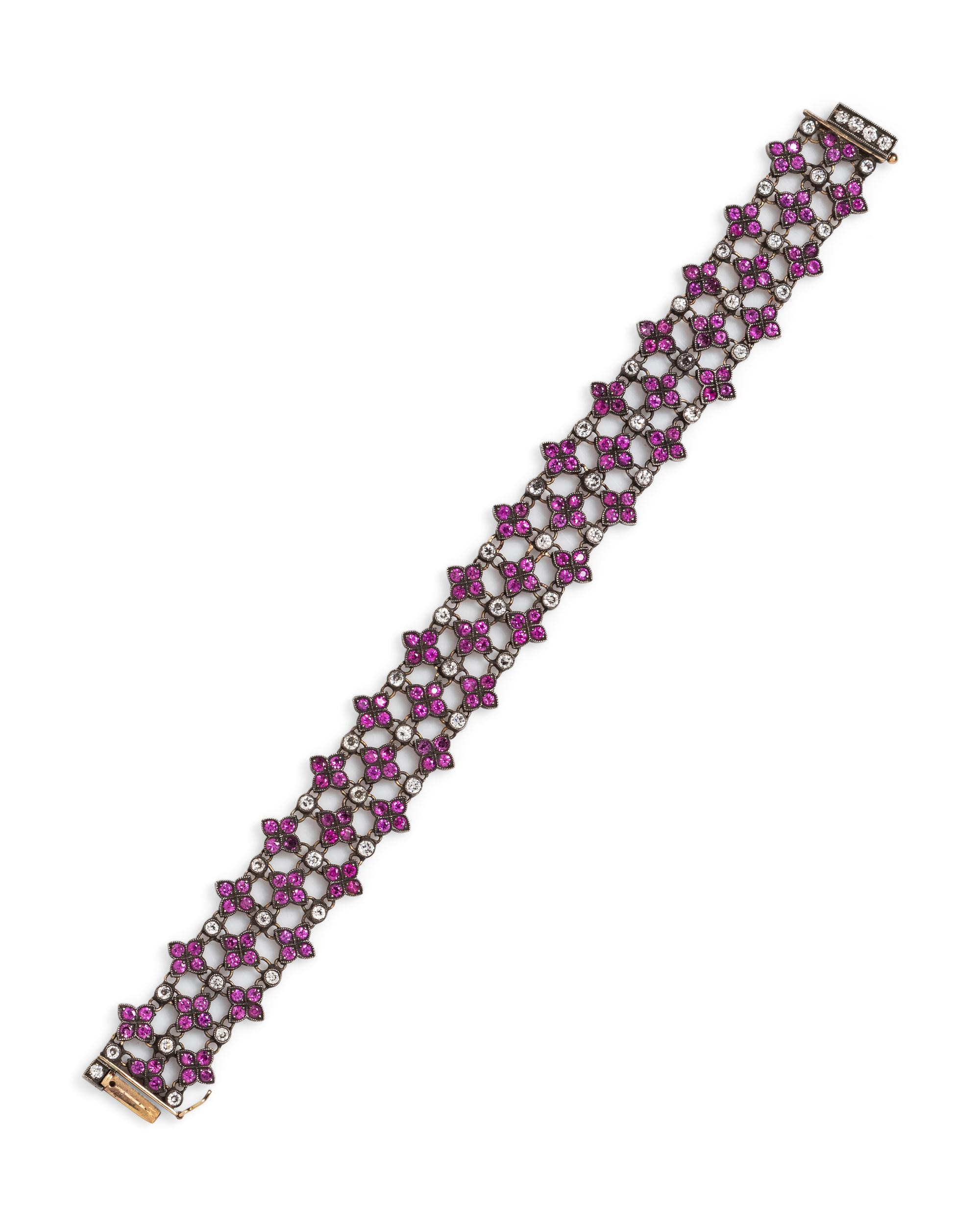 A Silver Topped Yellow Gold, Pink Sapphire and Diamond Bracelet,
