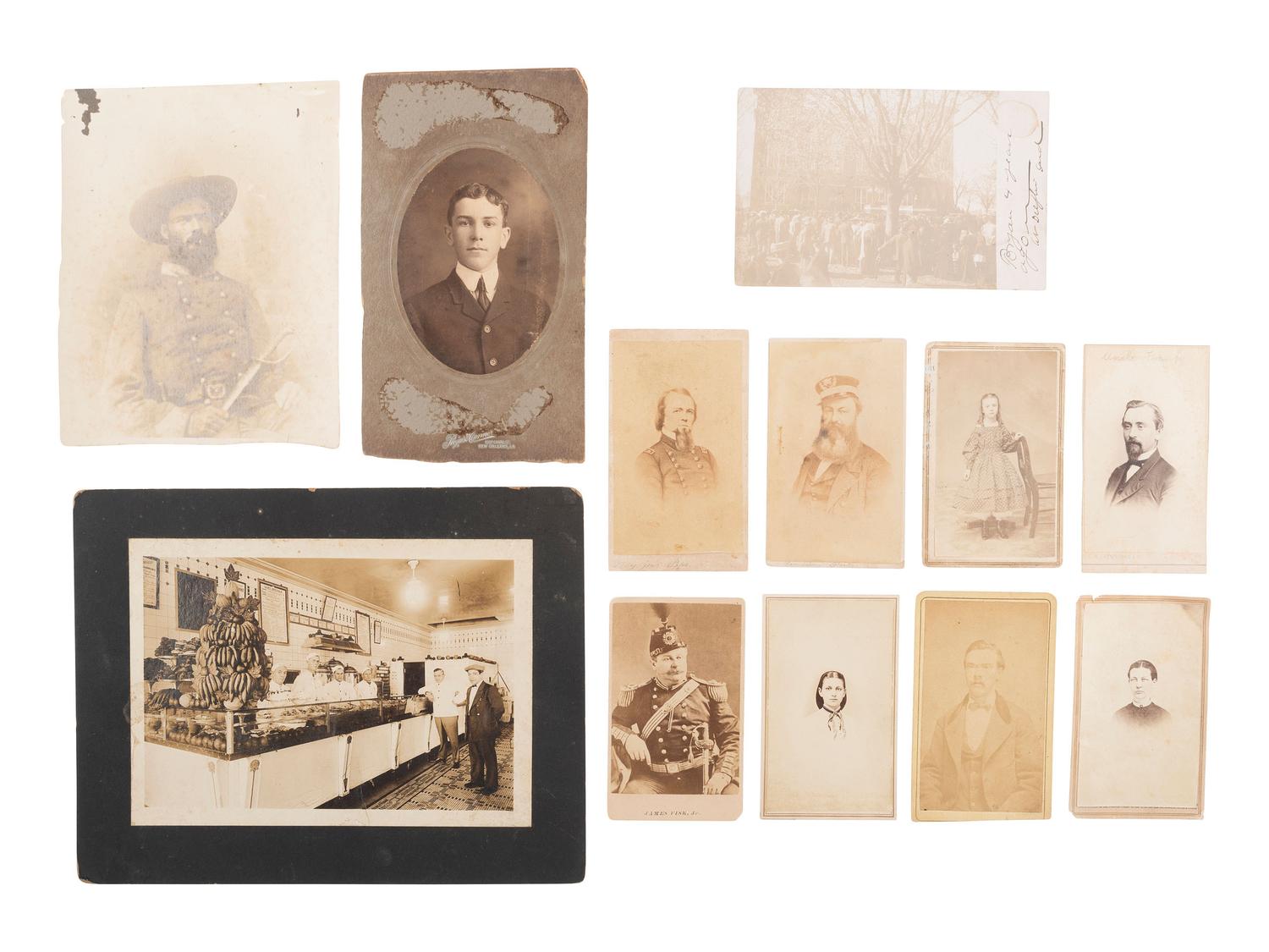 [CIVIL WAR]. Stereoview of a Rebel casualty and CDV of armed soldier, with additional photographs.