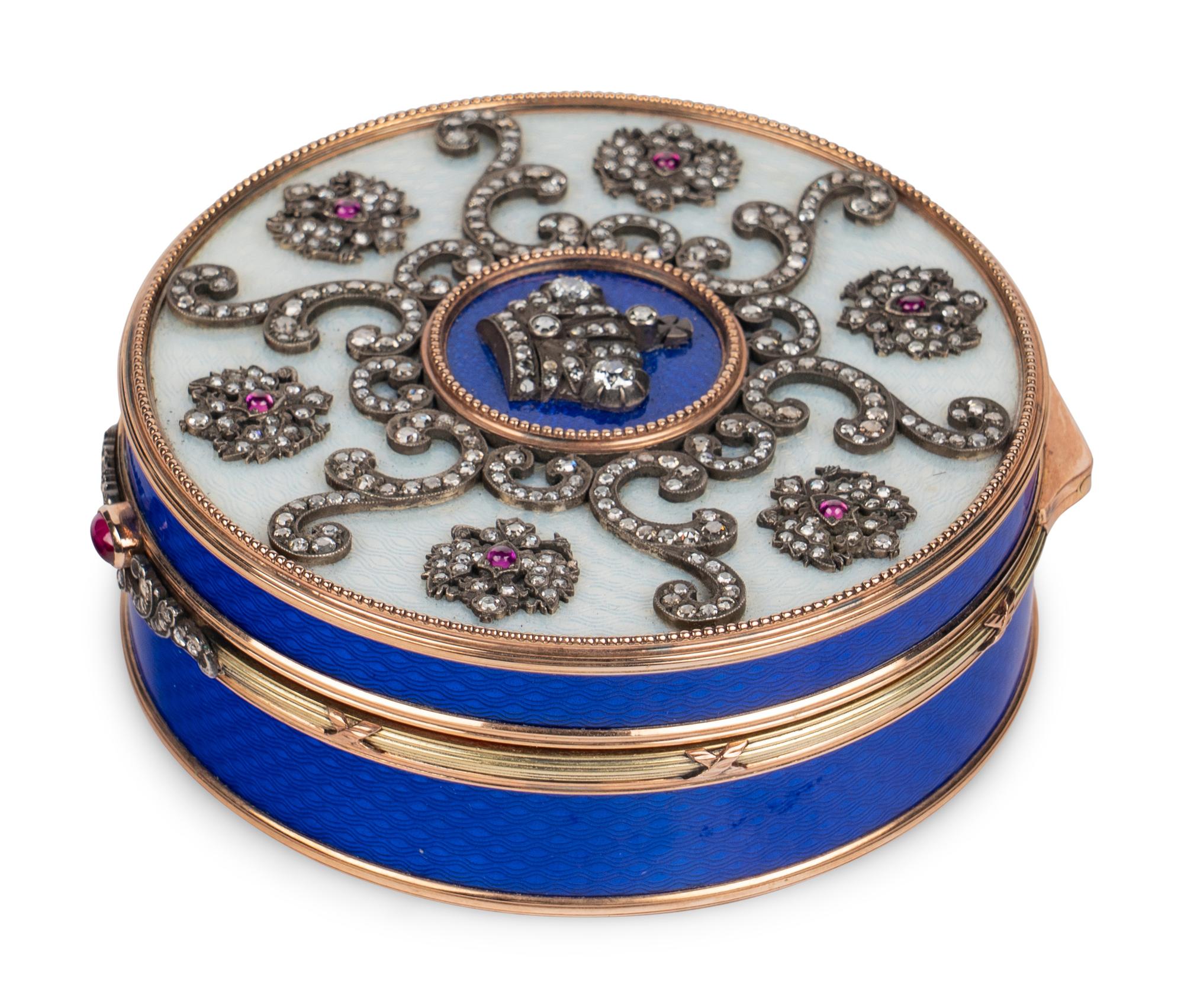 A 14 Karat Vari-Color Gold, Guilloché Enamel, Diamond, and Cabochon Jewel-Mounted Snuff Box
