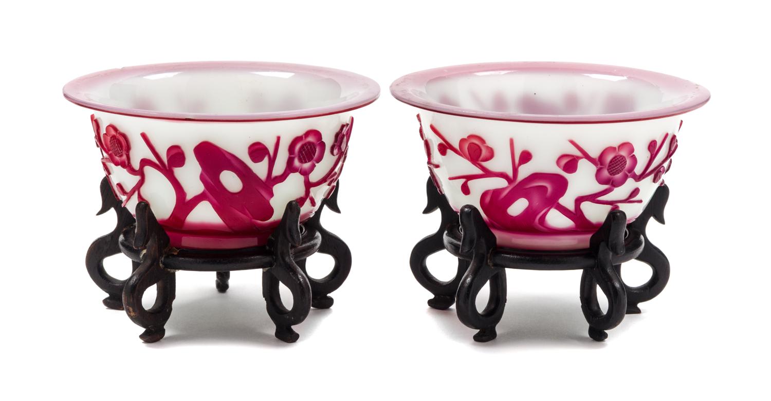 Two Red Overlay White Peking Glass Bowls Diameter of each 4 /4 inches.