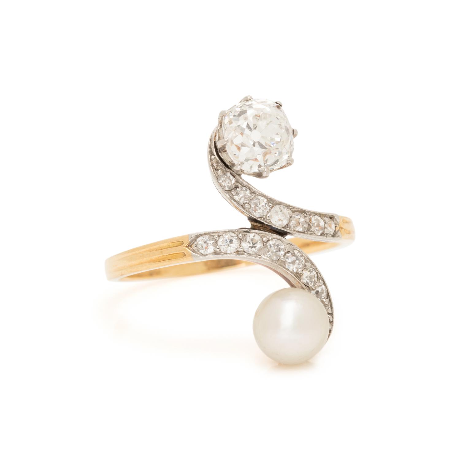 ANTIQUE, PEARL AND DIAMOND BYPASS RING