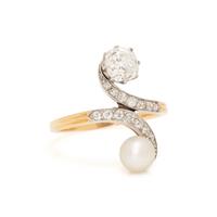 ANTIQUE, PEARL AND DIAMOND BYPASS RING
