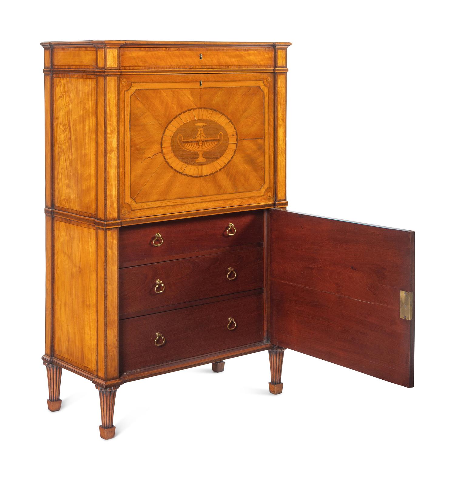 A George III Satinwood, Tulipwood and Amaranth Marquetry Fall-Front Secrétaire