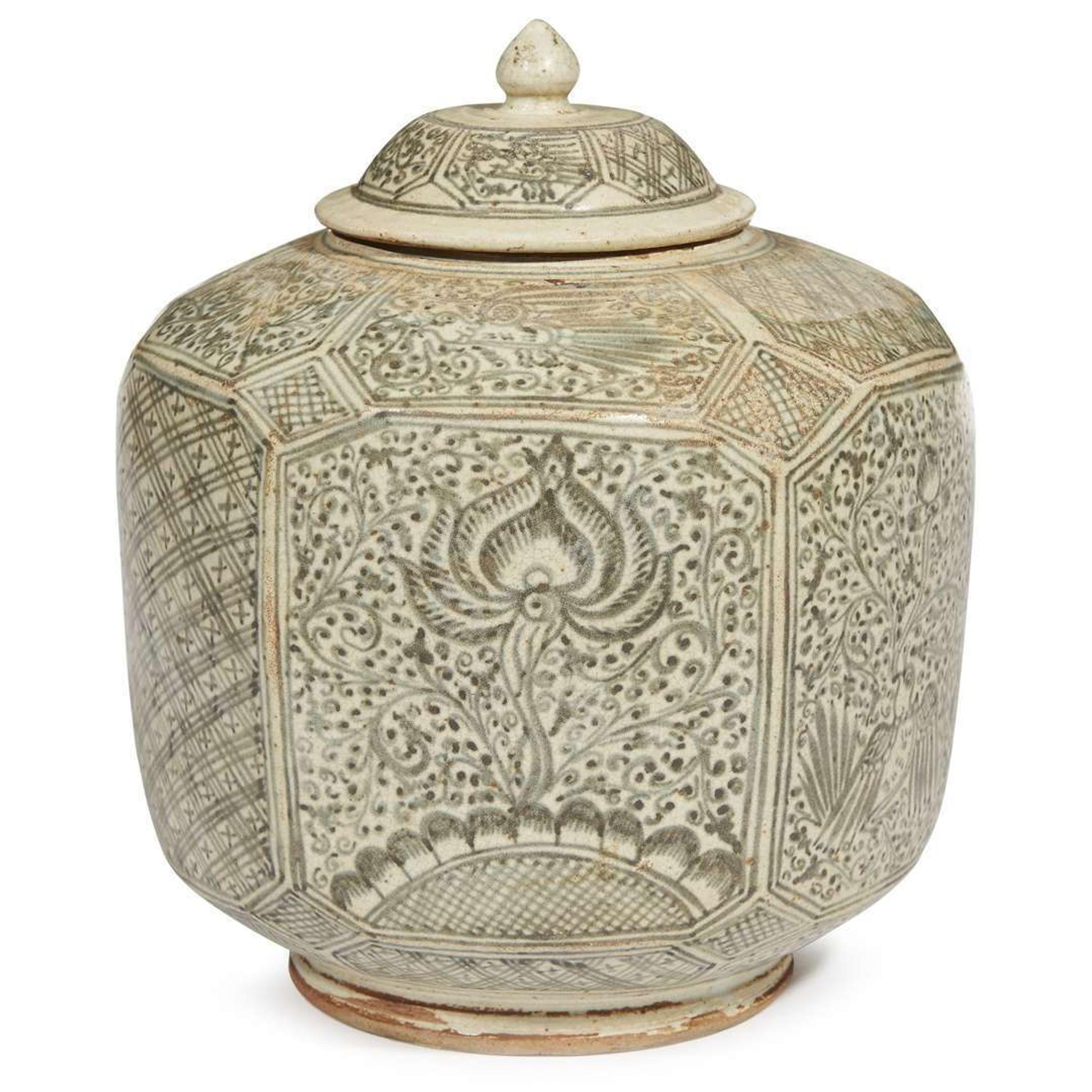 A large Thai underglaze blue-decorated stoneware faceted jar and cover. possibly 14th-16th century
