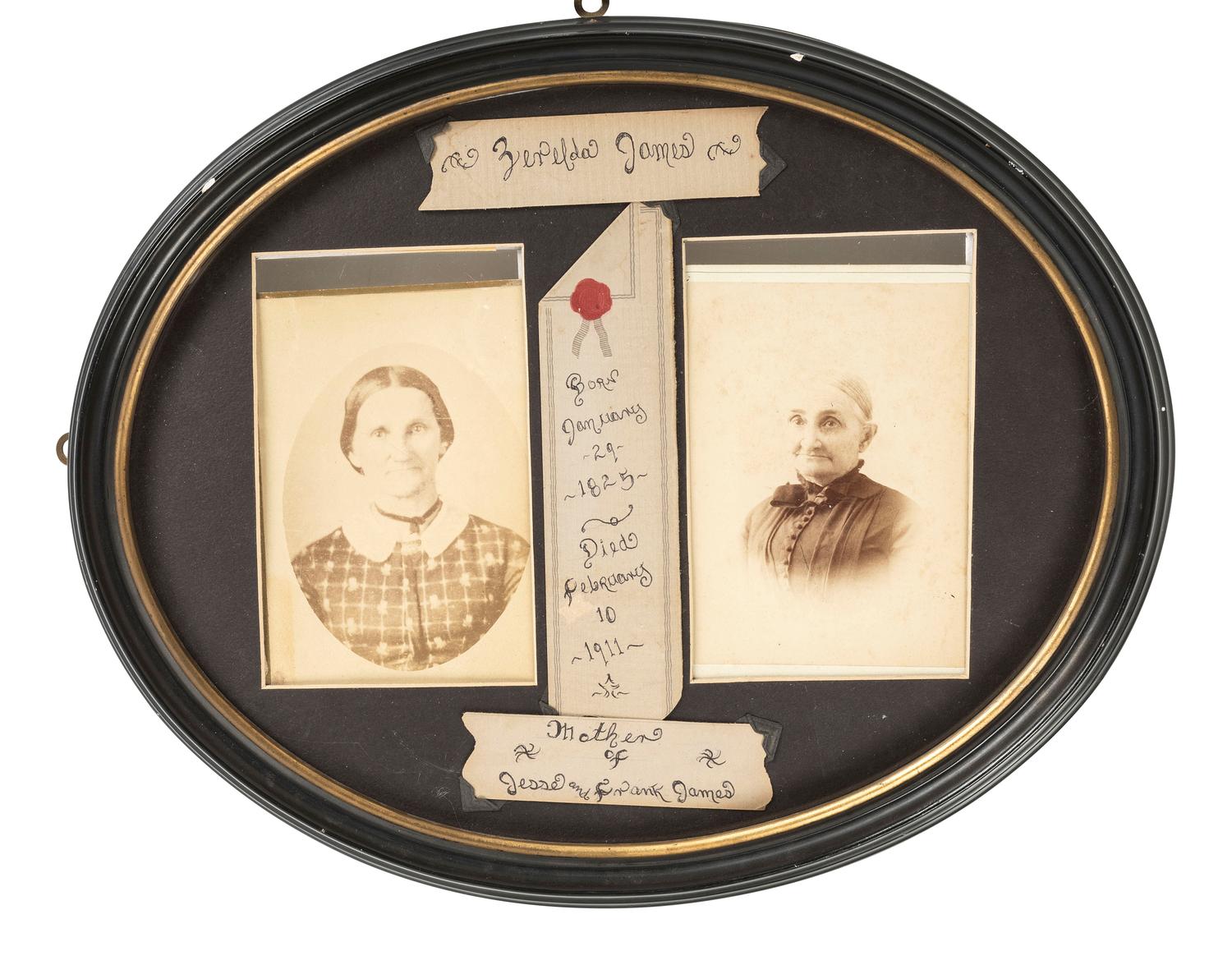 Western Outlaws [JAMES, Jesse (1847-1882)]. Collection of photographs of family members of Frank and Jesse James, incl. display featuring cabinet card photographs of their mother Zerelda James.
