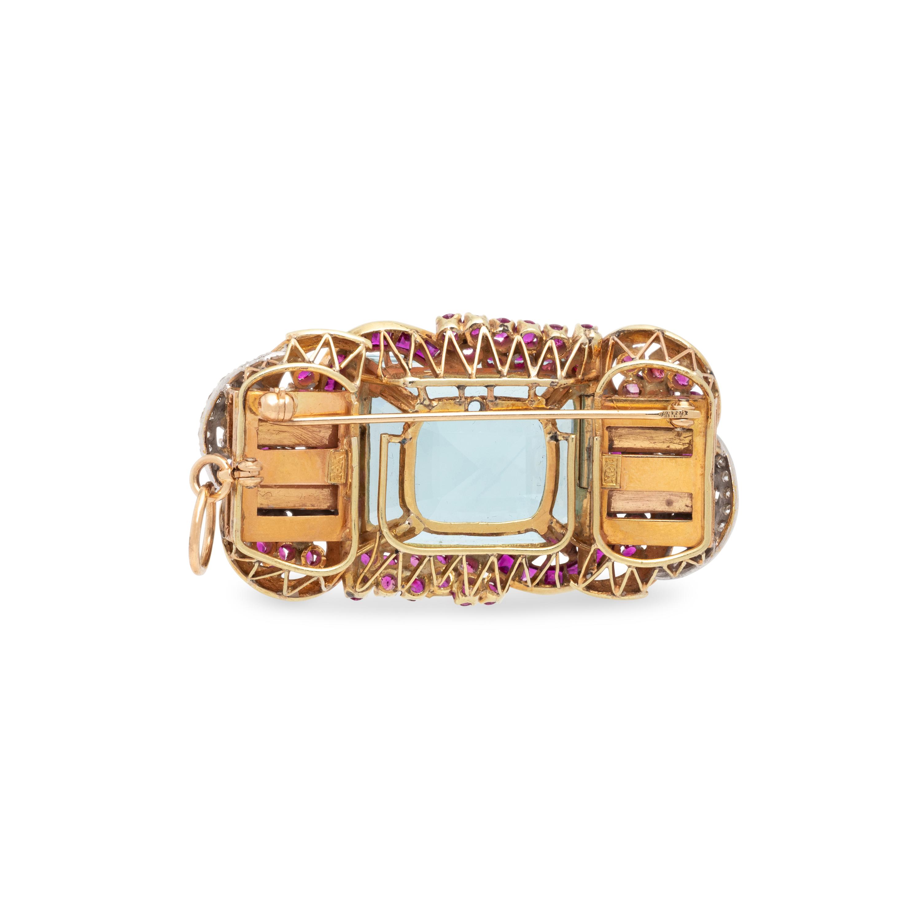 RETRO, AQUAMARINE, RUBY, AND DIAMOND BROOCH PENDANT