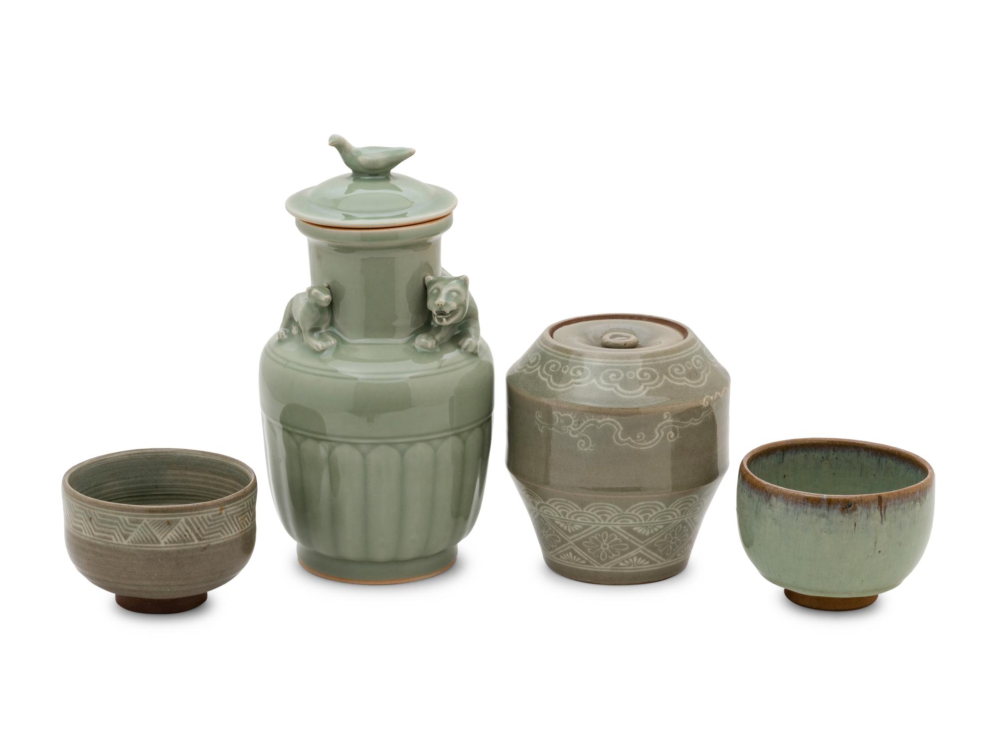 Four Chinese and Japanese Celadon Glazed Porcelain Articles