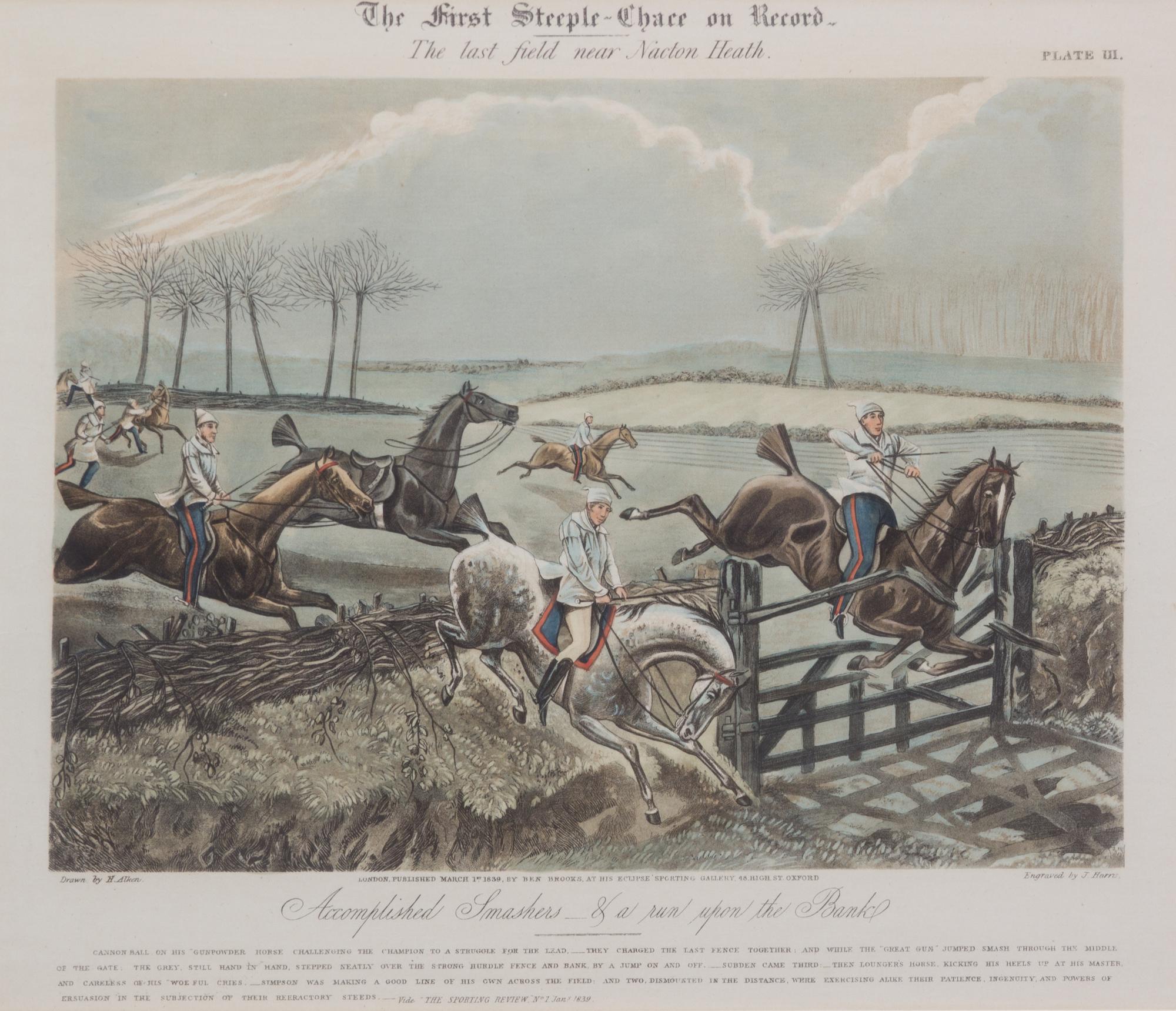 Henry ALKEN, after - J. HARRIS, engraver Image 10 3/4 x 14 1/2 inches. — The First Steeple Chase on Record, Plates I-IV