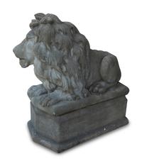 A Pair of Cast Stone Recumbent Lions on Pedestal Bases