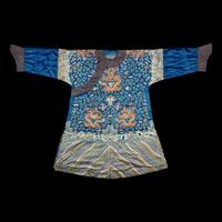A Chinese Blue Ground Embroidered Silk 'Dragon' Robe, Jifu , 19th Century 清晚期 藍緞地綉云龍紋吉服