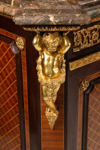A Pair of Louis XVI Style Gilt Bronze and Porcelain Mounted Parquetry Marble-Top Console Cabinets