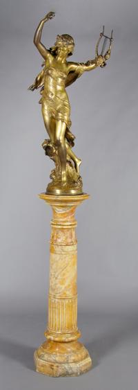 A French Gilt Bronze Figure of Sappho, Mathurin Moreau, Height of figure 44 inches, height of column 41 inches.