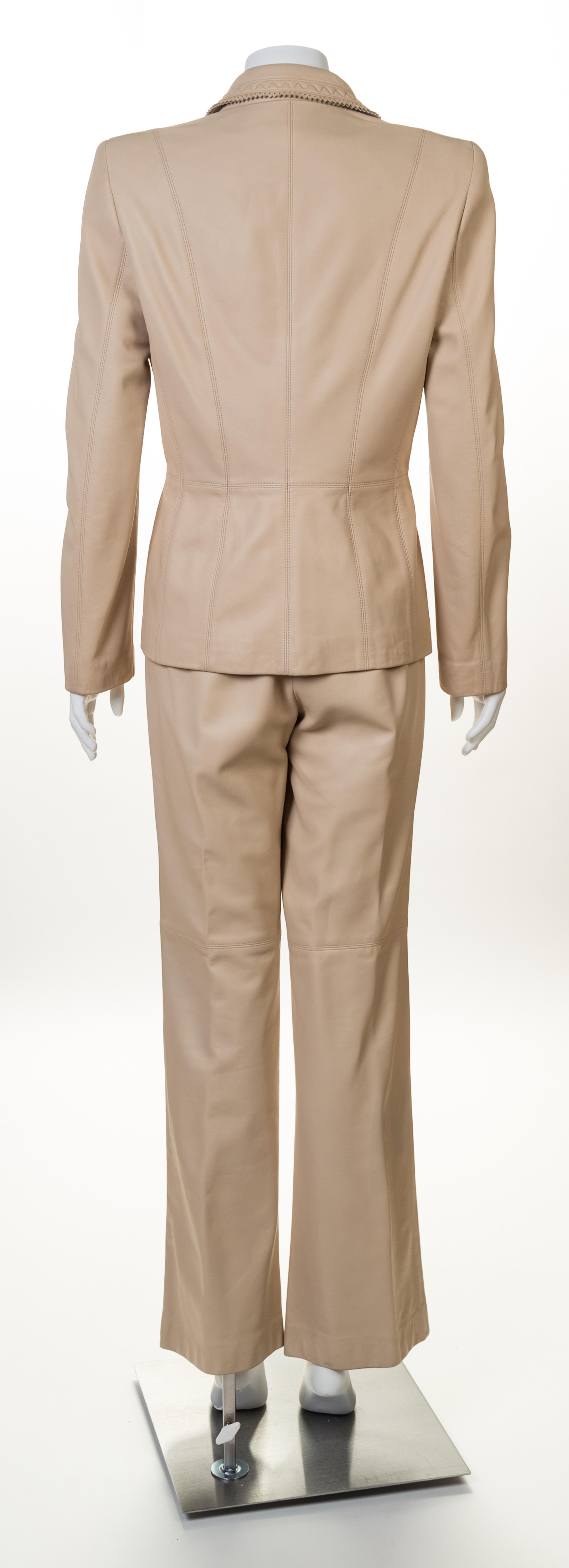 An Escada Cream Leather Pant Suit, Jacket size 38, Pants no size.