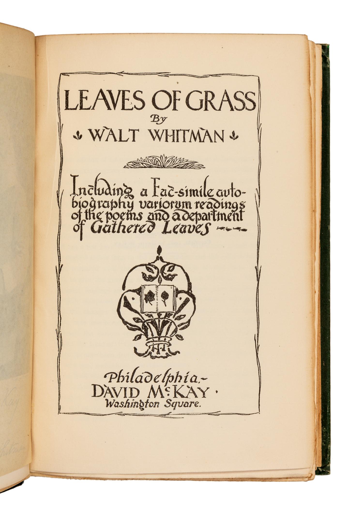 WHITMAN, Walt (1819-1892). Leaves of Grass. Philadelphia: David McKay, 1900.