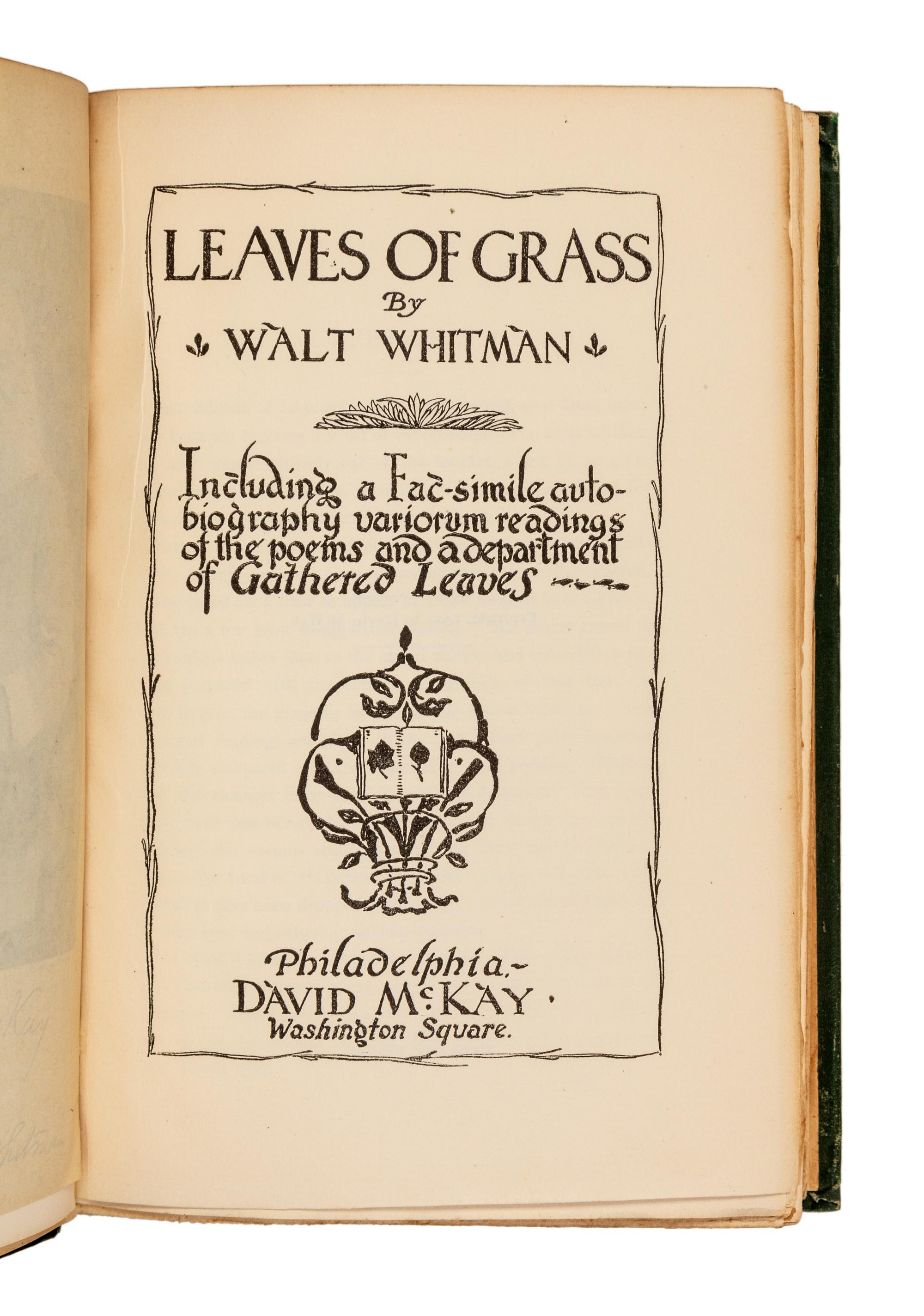 WHITMAN, Walt (1819-1892). Leaves of Grass. Philadelphia: David McKay, 1900.