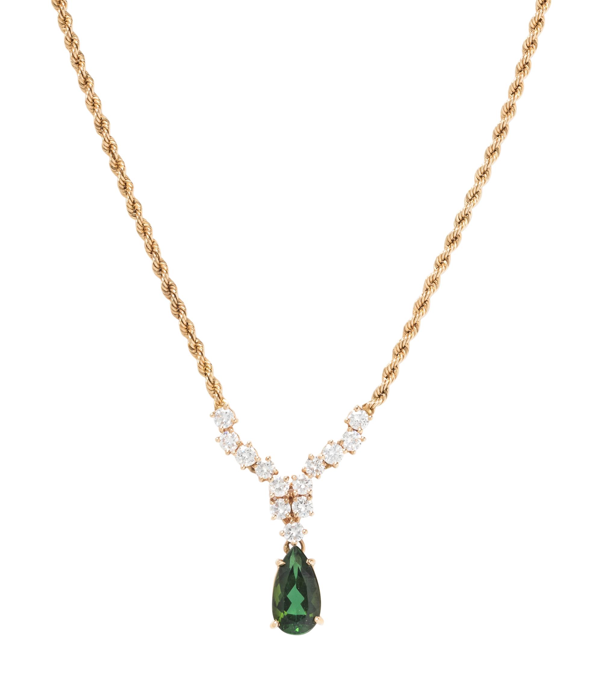 YELLOW GOLD, GREEN TOURMALINE AND DIAMOND NECKLACE