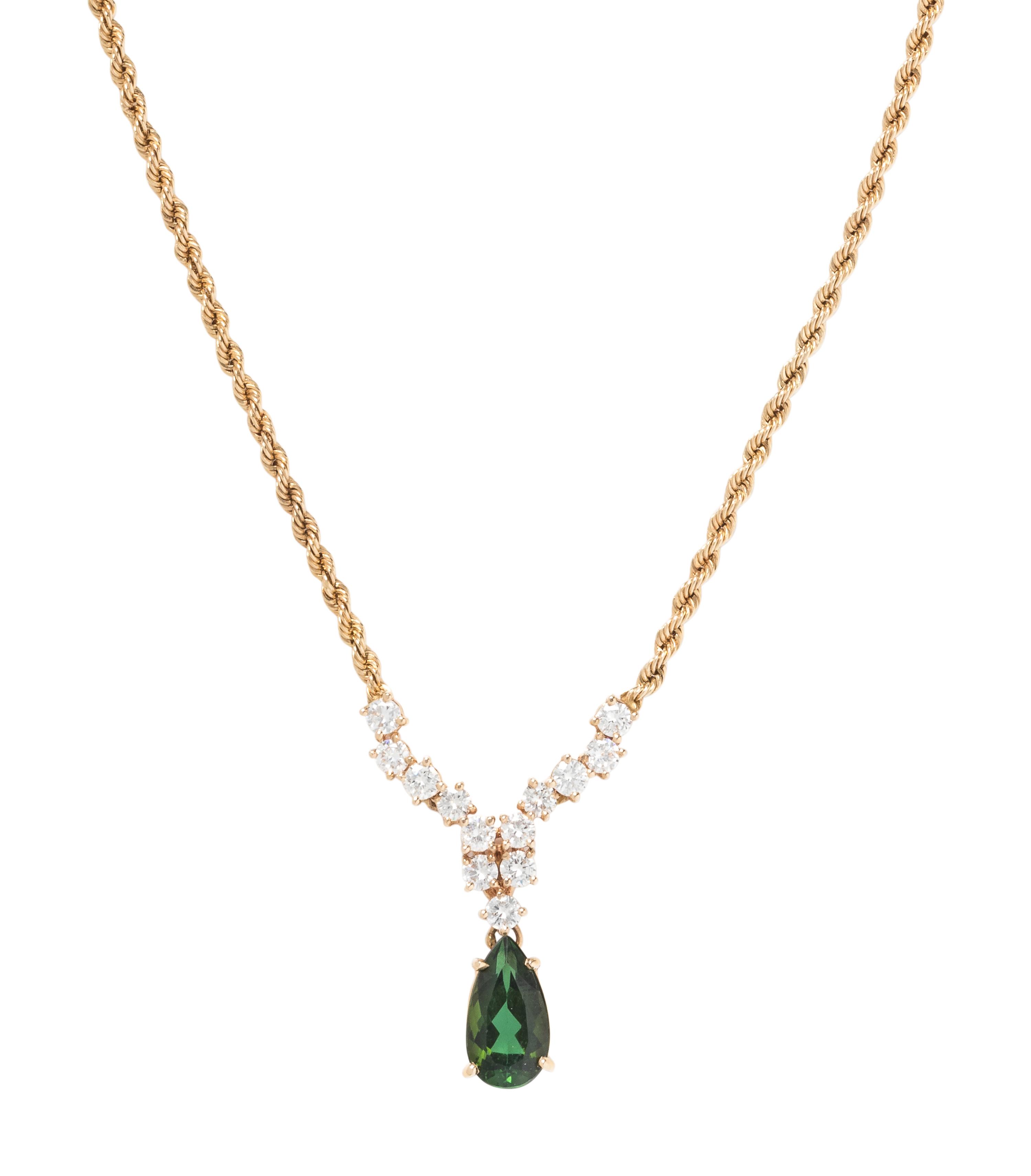 YELLOW GOLD, GREEN TOURMALINE AND DIAMOND NECKLACE