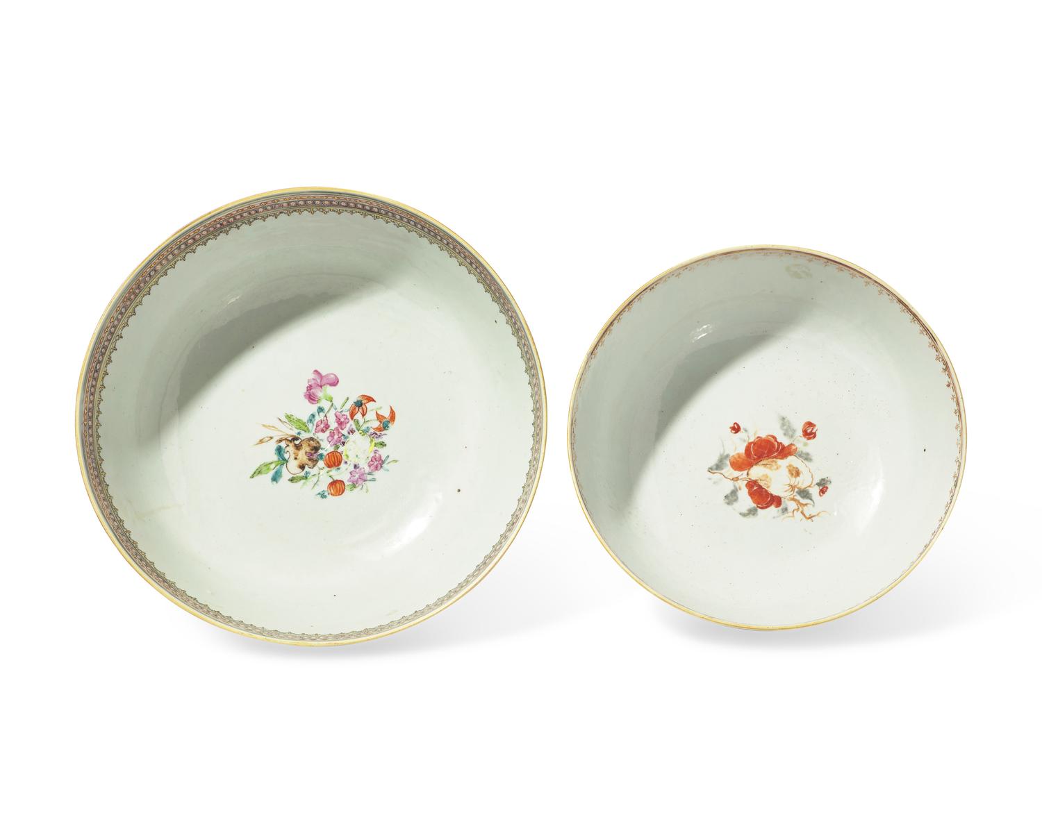 Two Chinese Export Porcelain Famille Rose Punch Bowls